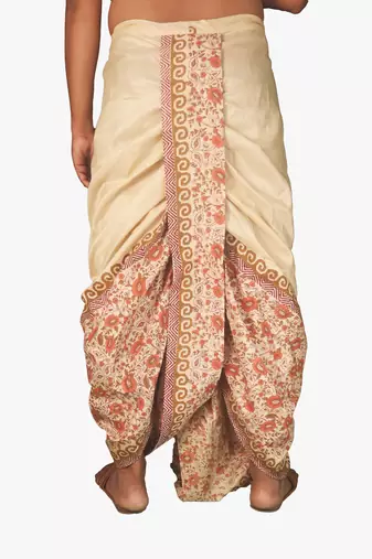 Cream  Hand Block Print Dupion Silk Dhoti For Men