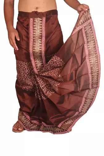 Brown Hand Block Print Dupion Silk Dhoti For Men