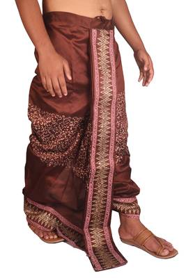 Brown Hand Block Print Dupion Silk Dhoti For Men 3