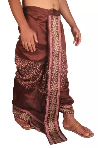 Brown Hand Block Print Dupion Silk Dhoti For Men