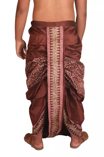 Brown Hand Block Print Dupion Silk Dhoti For Men