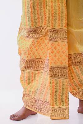 Yellow Hand Block Print Dupion Silk Dhoti For Men 2