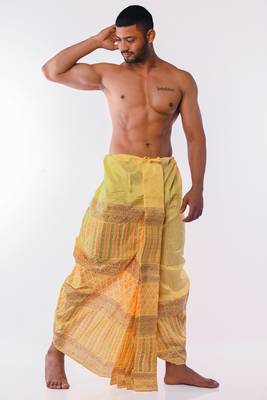 Yellow Hand Block Print Dupion Silk Dhoti For Men 3