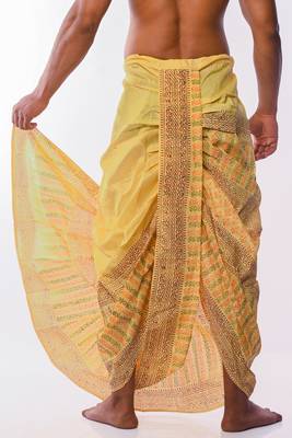 Yellow Hand Block Print Dupion Silk Dhoti For Men 4