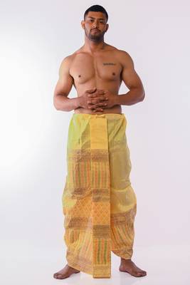 Yellow Hand Block Print Dupion Silk Dhoti For Men 5
