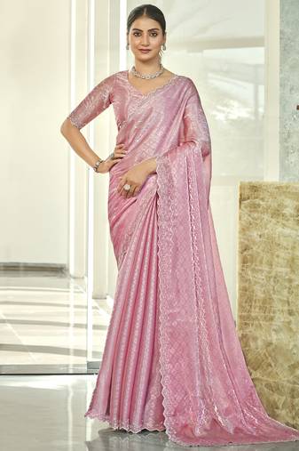 pink silk blend embellished saree