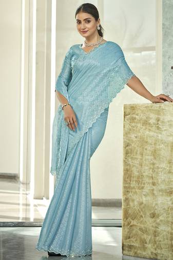 sky blue silk blend embellished saree