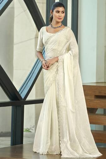 cream silk blend embellished saree