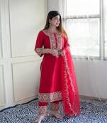 Elegant Red Heavy Silk Suit with Intricate Zari Dori, Sequin Embroidery, and Gota Detailing