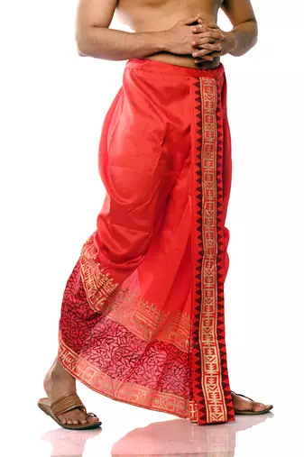 Red Hand Block Print Dupion Silk Dhoti For Men