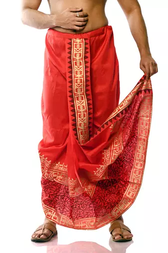 Red Hand Block Print Dupion Silk Dhoti For Men