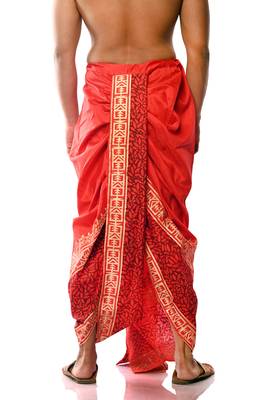 Red Hand Block Print Dupion Silk Dhoti For Men 4