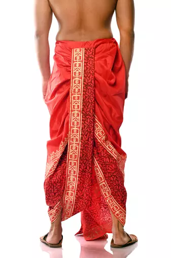 Red Hand Block Print Dupion Silk Dhoti For Men