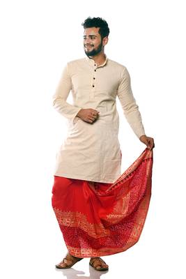 Red Hand Block Print Dupion Silk Dhoti For Men 5