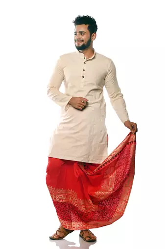 Red Hand Block Print Dupion Silk Dhoti For Men