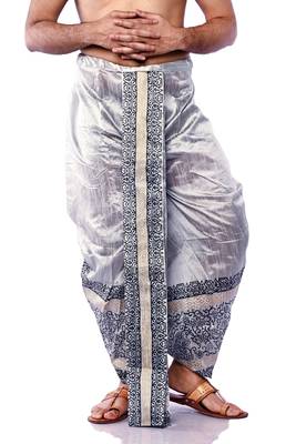 Silver Hand Block Print Dupion Silk Dhoti For Men 2