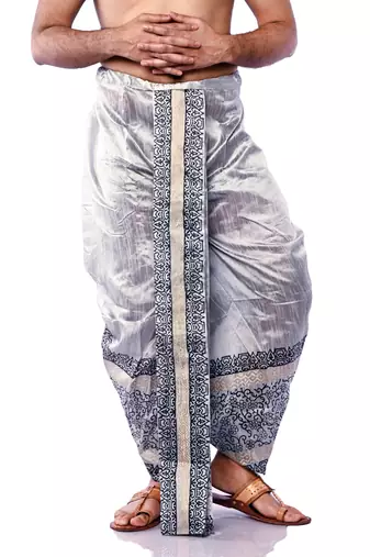Silver Hand Block Print Dupion Silk Dhoti For Men