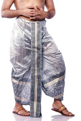 Silver Hand Block Print Dupion Silk Dhoti For Men 3