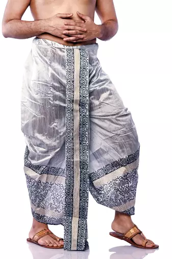 Silver Hand Block Print Dupion Silk Dhoti For Men