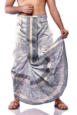 Silver Hand Block Print Dupion Silk Dhoti For Men 4