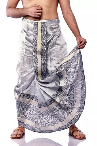 Silver Hand Block Print Dupion Silk Dhoti For Men
