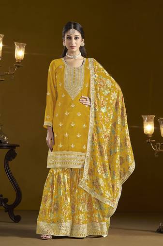 Yellow chinon salwar kameez for festival