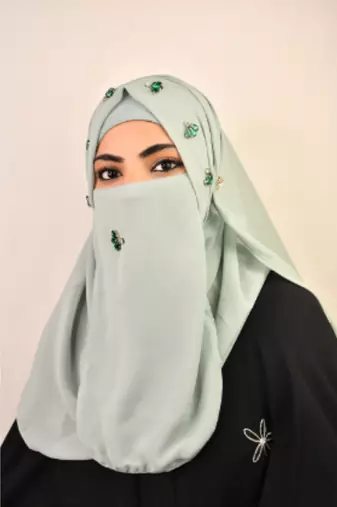 Green luxury bridal wedding wear hijab scarf   with stonework