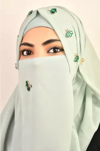 Green luxury bridal wedding wear hijab scarf   with stonework