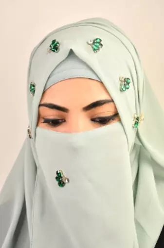 Green luxury bridal wedding wear hijab scarf   with stonework