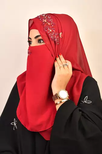 wrap my hijab maroon stonework bridal hijab set