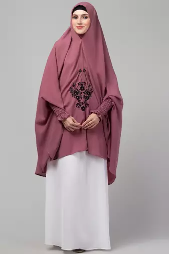 Janab E Aala Front Embroidered Jilbab – Stretchable Wrist, Knee Length, Mauve, Full Sleeve