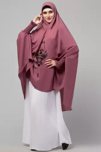 Janab E Aala Front Embroidered Jilbab – Stretchable Wrist, Knee Length, Mauve, Full Sleeve