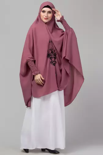 Janab E Aala Front Embroidered Jilbab – Stretchable Wrist, Knee Length, Mauve, Full Sleeve