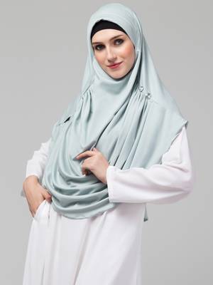 Front gather & pleated with Cristal stone Sky sage colour ready to wear prayer Hijab  4