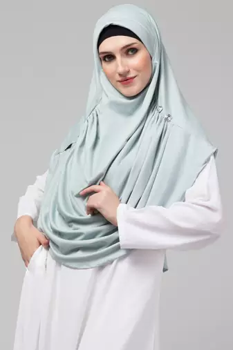Front gather & pleated with Cristal stone Sky sage colour ready to wear prayer Hijab 