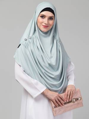 Front gather & pleated with Cristal stone Sky sage colour ready to wear prayer Hijab  5