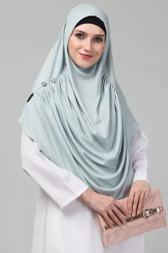 Front gather & pleated with Cristal stone Sky sage colour ready to wear prayer Hijab 
