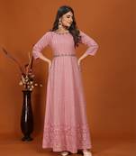 Faux georgette embroidered readymade gown in pink