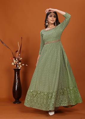 Faux georgette embroidered readymade gown in green 1