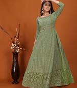 Faux georgette embroidered readymade gown in green