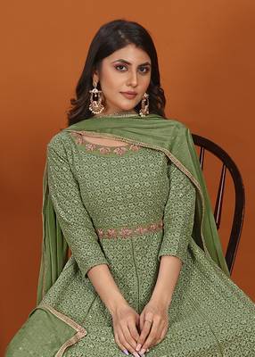 Faux georgette embroidered readymade gown in green 2
