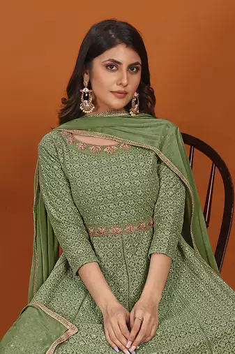 Faux georgette embroidered readymade gown in green