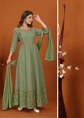 Faux georgette embroidered readymade gown in green 3