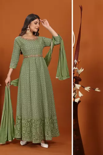 Faux georgette embroidered readymade gown in green