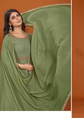 Faux georgette embroidered readymade gown in green 4