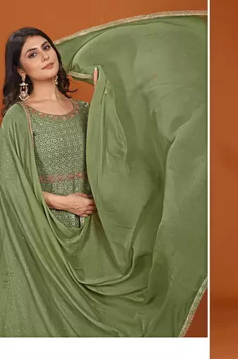 Faux georgette embroidered readymade gown in green