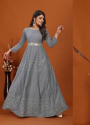 Faux georgette embroidered readymade gown in grey 2