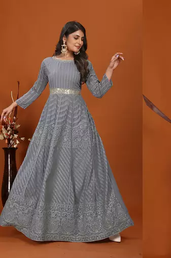 Faux georgette embroidered readymade gown in grey
