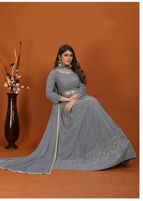 Faux georgette embroidered readymade gown in grey 1