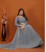 Faux georgette embroidered readymade gown in grey
